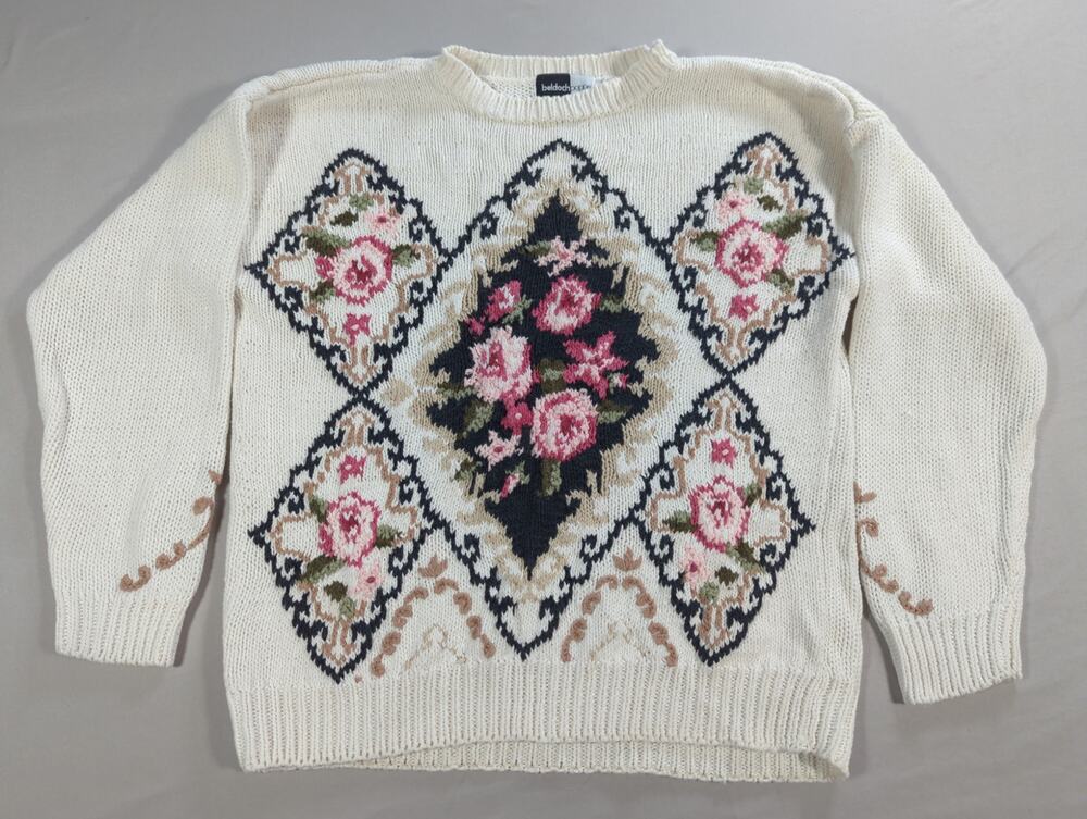 Vintage Beldoch Popper Sweater S Floral Knit Ramie Cotton Cottagecore 80s